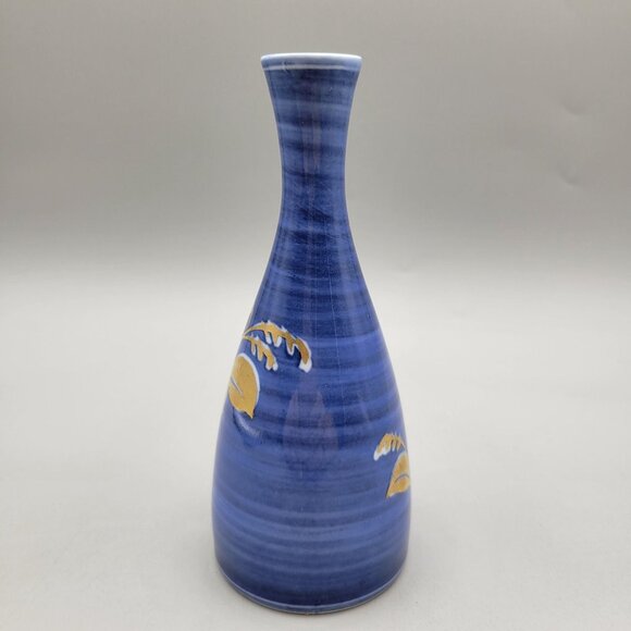 Japanese Porcelain Bud Vase Blue With Gold Floral Design - Picture 3 of 9
